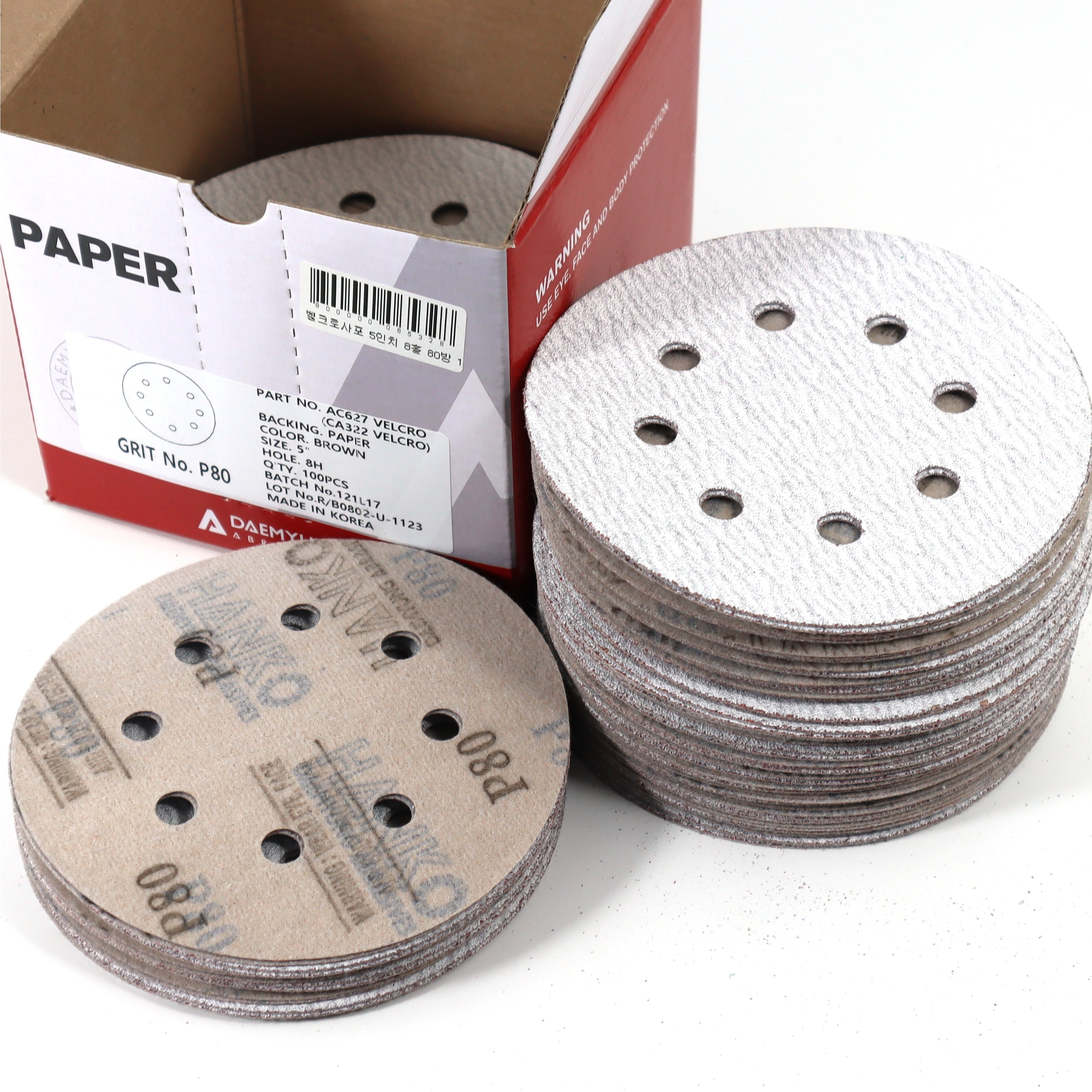 국산 5인치 8홀 벨크로 사포 1갑 100장 대명 원형사포 샌딩페이퍼 35,000원
