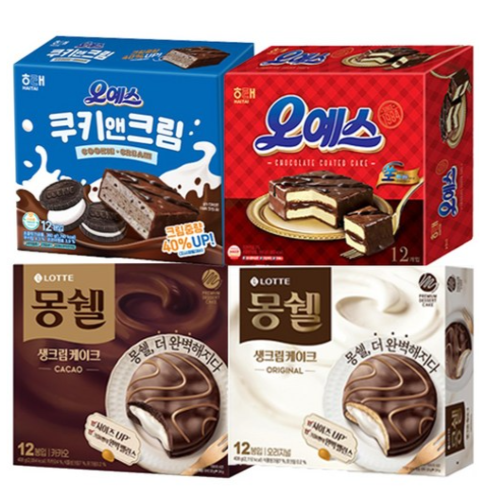 과자모음 해태 크라운 롯데 오리온 대용량곽과자 4개묶음 (해태오예스360g + 해태오예스쿠키앤크림360g + 몽쉘카카오생크림케이크(대)384g + 몽쉘오리지널생크림(대)384g) 55,200원