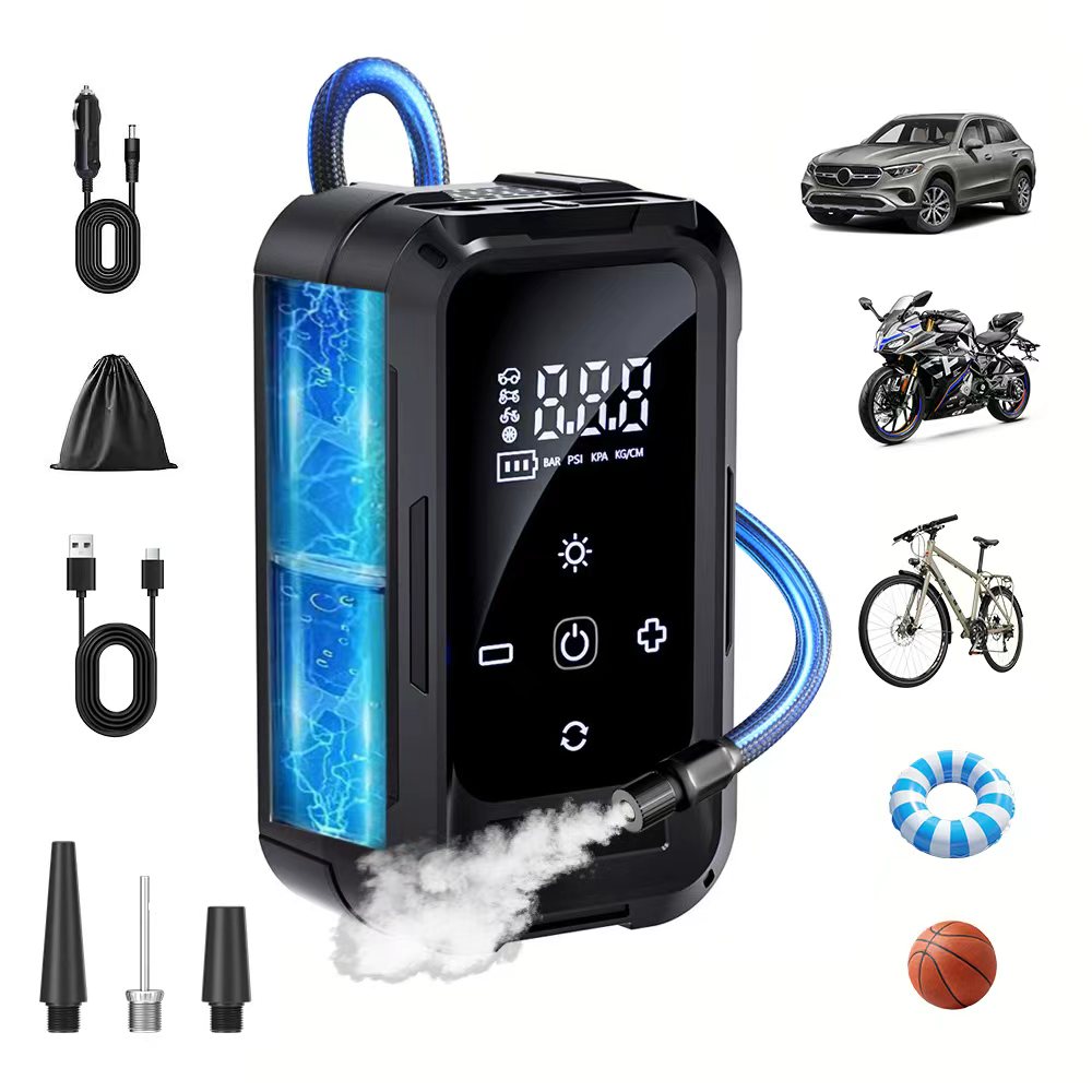 Helloleiboo 휴대용 무선 및 유선 겸용 타이어 공기 주입기(공기압 모니터링/USB 보조 배터리/LED 조명), 검은색, 1개 26,800원