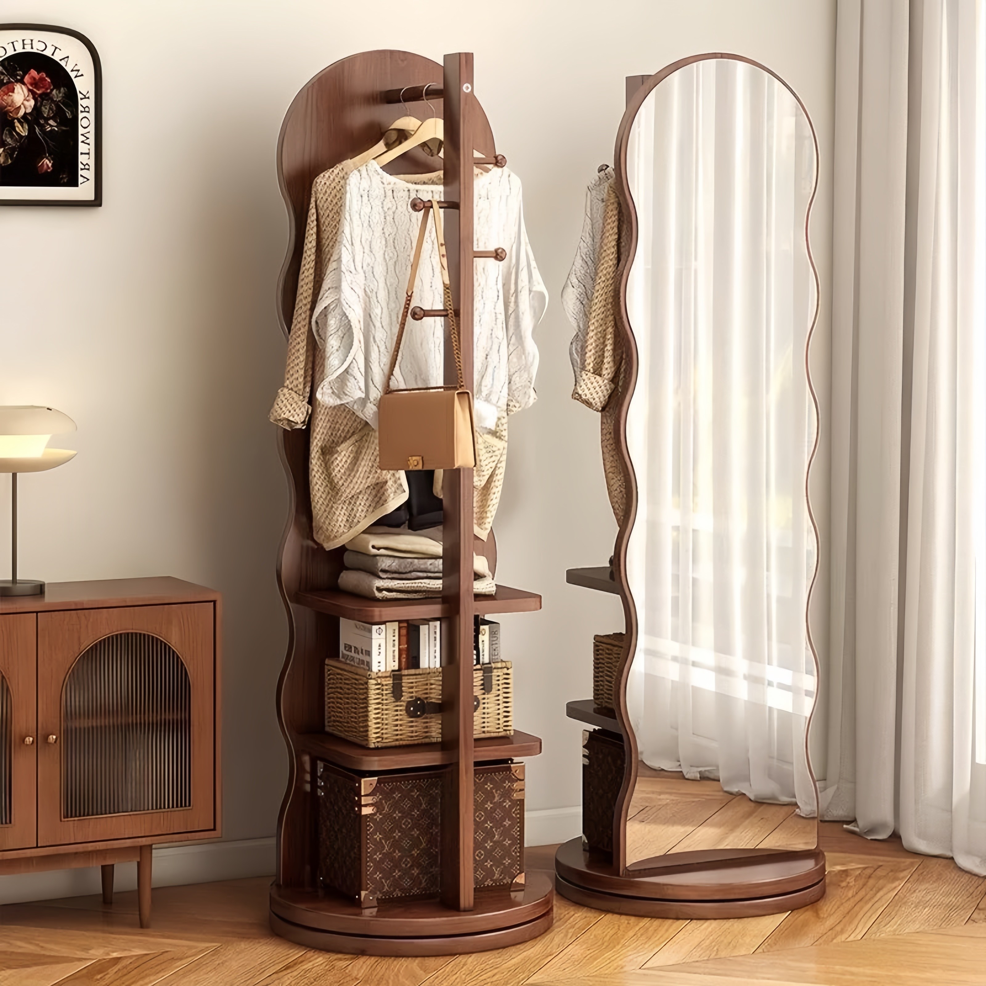 GOOD MOMENT 튼튼한 회전 전신거울 원목 수납 옷걸이 행거, 원목색 59,900원