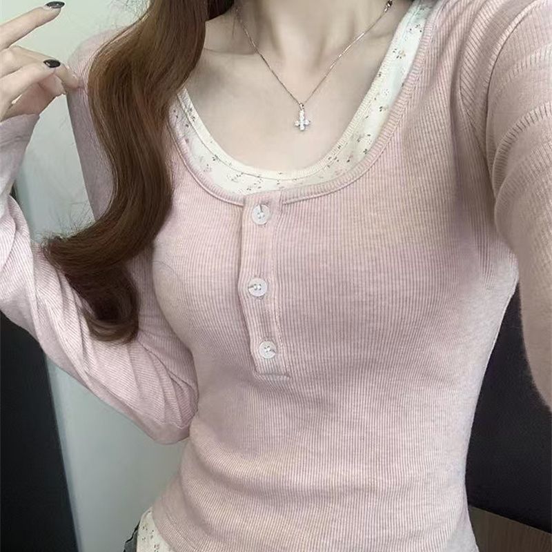 녕동 여성 라운드넥 티셔츠 슬림핏 레이어드 플라워 패치 이너 긴팔 티셔츠 24,500원