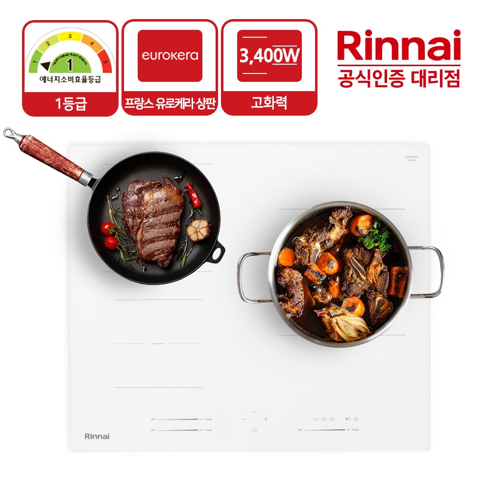린나이 3구 인덕션 1등급 전기레인지 IHLW634EX 유로케라 화이트글라스 3,400W 자가설치, 빌트인, IHLW634EX 439,000원