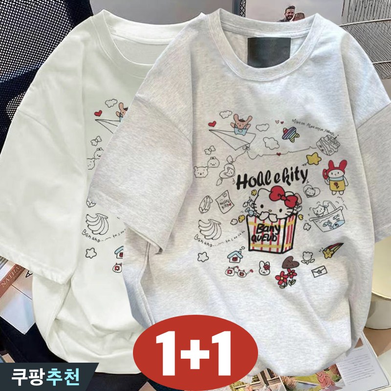 (완전 추천) 95kg까지 빅사이즈 1+1 여성 시카고 캐릭터 프린트 남녀공용 반팔 티셔츠 여름 편한 면 심플 기본티 귀여운 반소매티 캐주얼 통기성 커플 코디 학생복 상의 티 21,900원