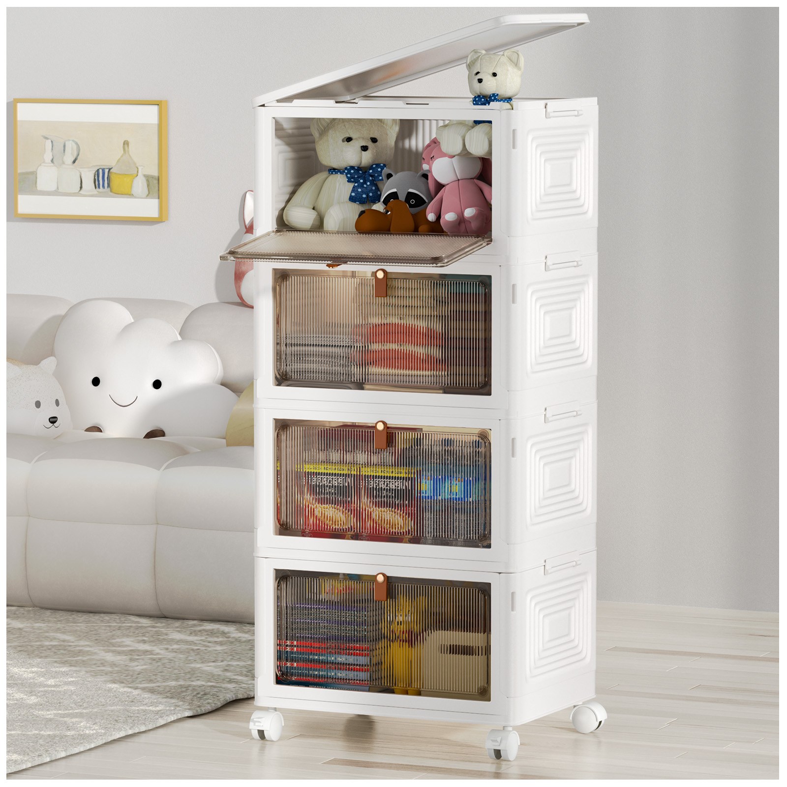 kipnos 폴딩 대용량 리빙박스 수납장 대용량 수납 정리함 접이식 보관함 다용도 수납함 플라스틱 수납함 사물함 정리함 리빙박 스수납박스 대형가정용 장난감 수납장 옷정리함, 화이트, 4개 80,000원