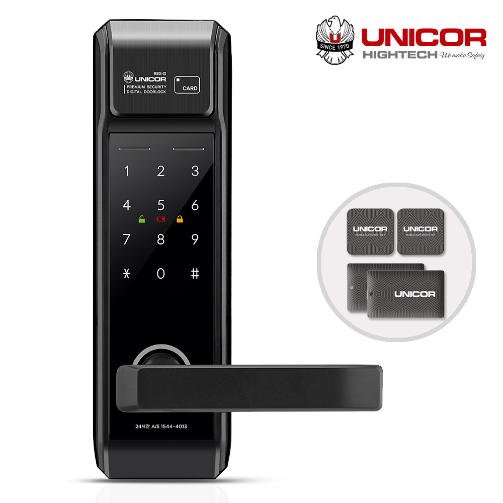 [전국설치] 유니코 렉스2 무타공 도어록 카드키4개+번호키 즉시잠김 잠김속도조절 이중인증(설정가능) 내/외부강제잠금기능 마스터번호[카드]기능 에티켓 허수기능 현관문 디지털도어락, 유니코 렉스2/전국설치(A지역), 방문설치 147,000원