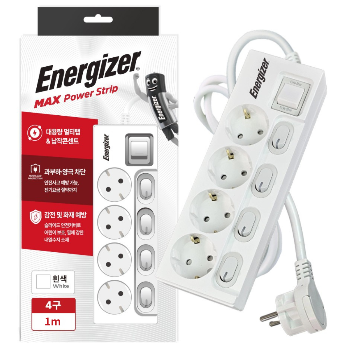 에너자이저 개별스위치 멀티탭 고용량 4구 납작플러그 과부하차단 16A 24,120원