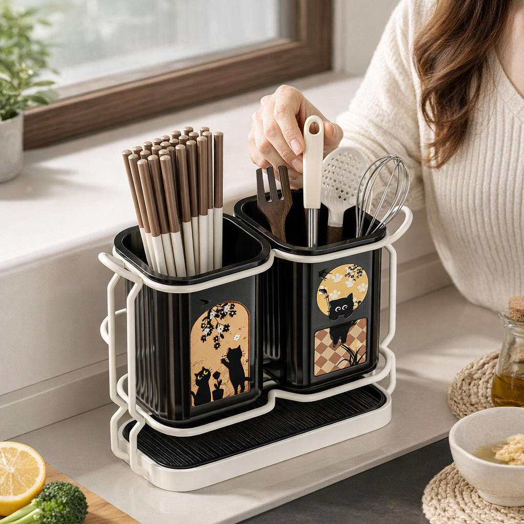 딜하우스 분리형 물빠짐 다용도 수저통, 1세트, 블랙 13,200원