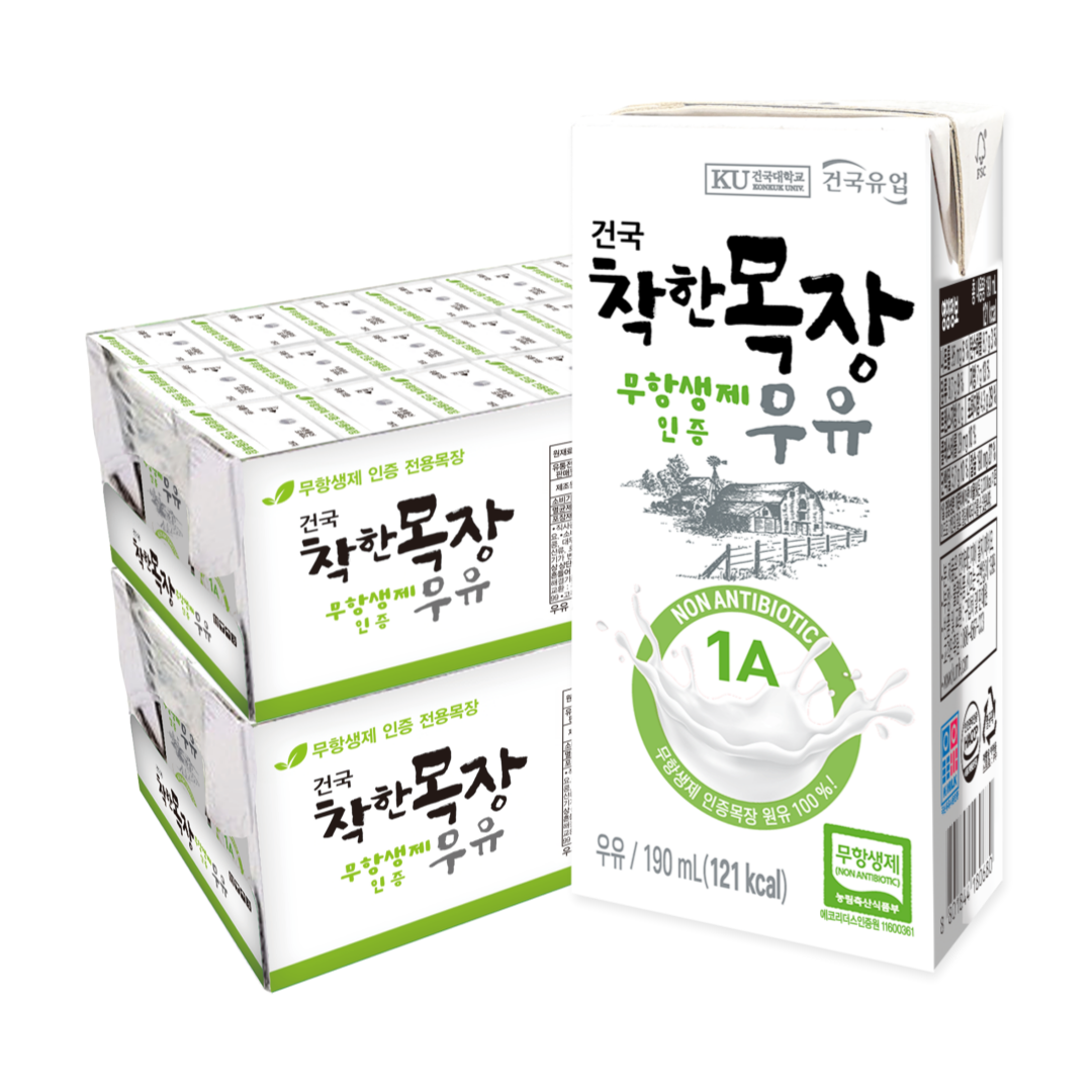 [건국유업] 착한목장 무항생제 멸균우유, 190ml, 48개 30,000원