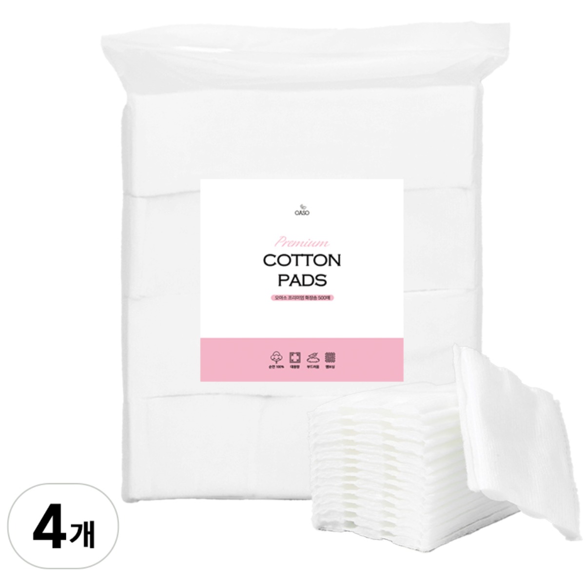 오아소 순면 100% 프리미엄 양면 화장솜 대용량, 4개, 500매입 15,000원