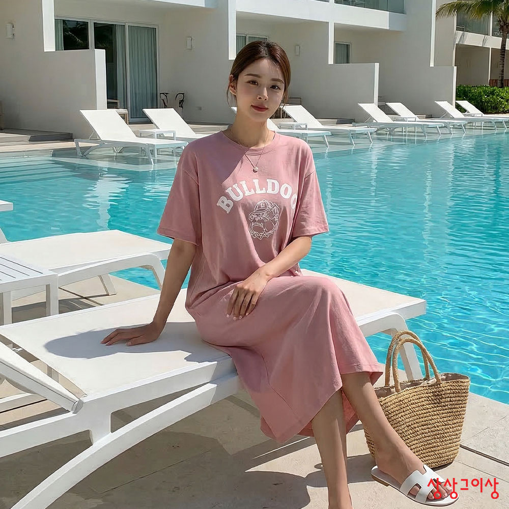 상상그이상 여성용 국내제작 루즈핏 영문 레터링 나염 반팔 롱 원피스 홈웨어 라운지룩 상의 19,800원