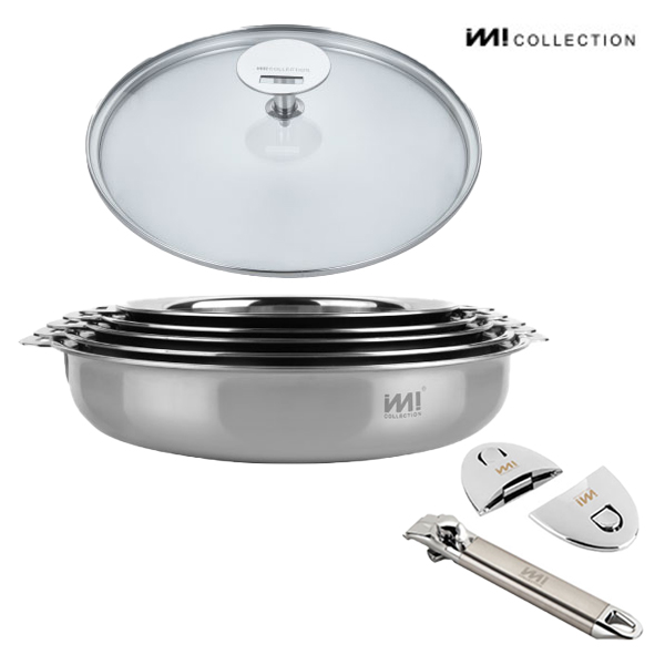 IMI 통3중 국산 IH 스텐 프라이팬세트 4종 (유리뚜껑) + 편수&양수핸들3p 인덕션 가스 스텐팬 전골팬 수납, 현재가 464,900원