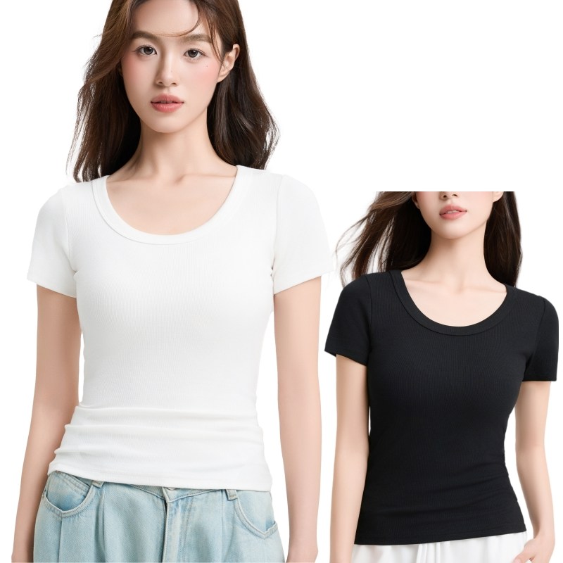 1+1여성 고탄력 U넥 골지 반팔티 슬림핏 여름 기본 티셔츠 21,500원