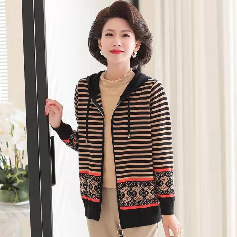 COSYEVNO 중년 엄마 후드 카디건 봄 가을 빅 사이즈 루즈핏 패션 스트라이프 배색 프린트 긴팔 상의  lyjlms-08, 현재가 14,800원