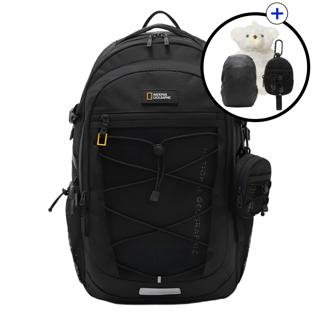 [국내매장판] 내셔널지오그래픽 브레이브 백팩 미니 파우치 레인커버 구성 + 화이트 미니 곰돌이 가방고리 159,000원