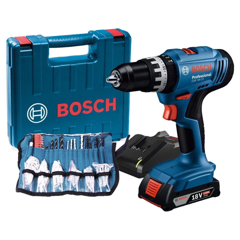 보쉬 18V 임팩 해머 전동드릴 + 2.0Ah 배터리 + 액세서리 100p 세트 GSB 18V-25, 1세트 175,190원