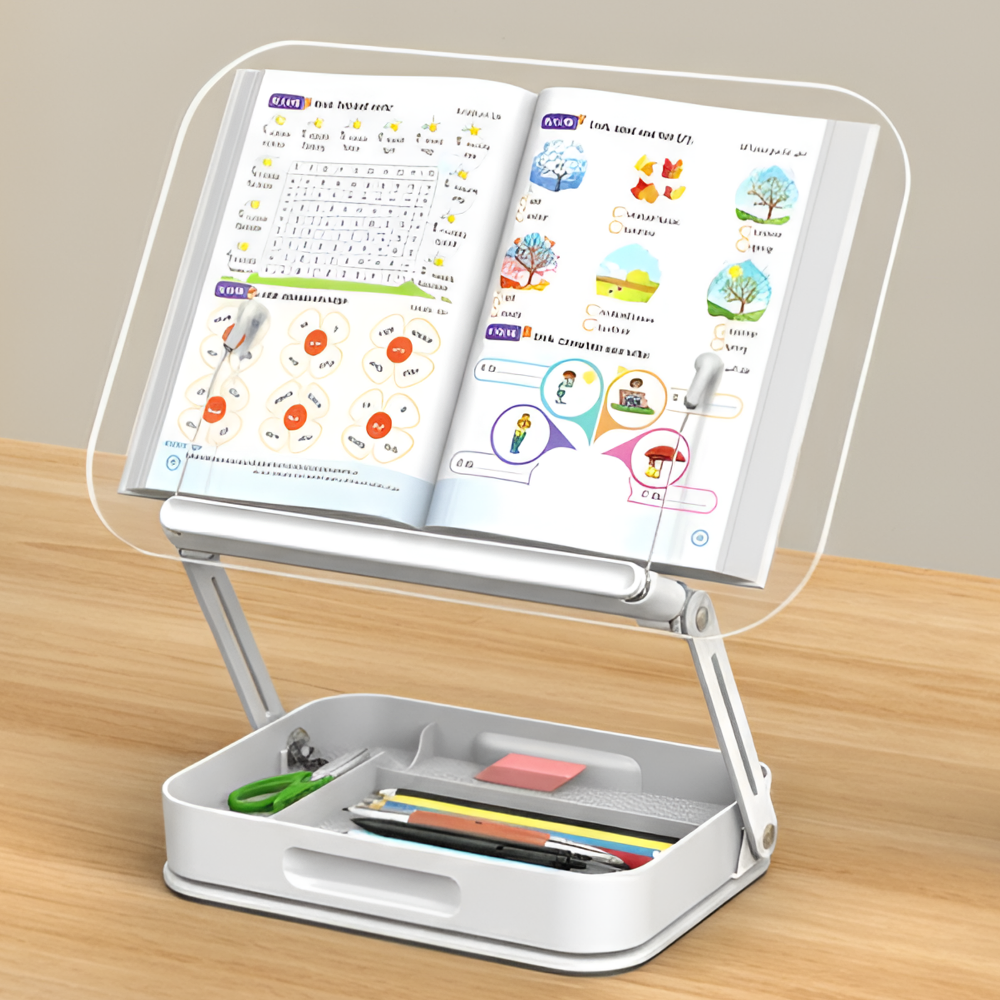 BOUMBI 투명 아크릴 회전형 독서대 360도 회전 수납형 거북목 방지 보관함, 화이트 31,900원