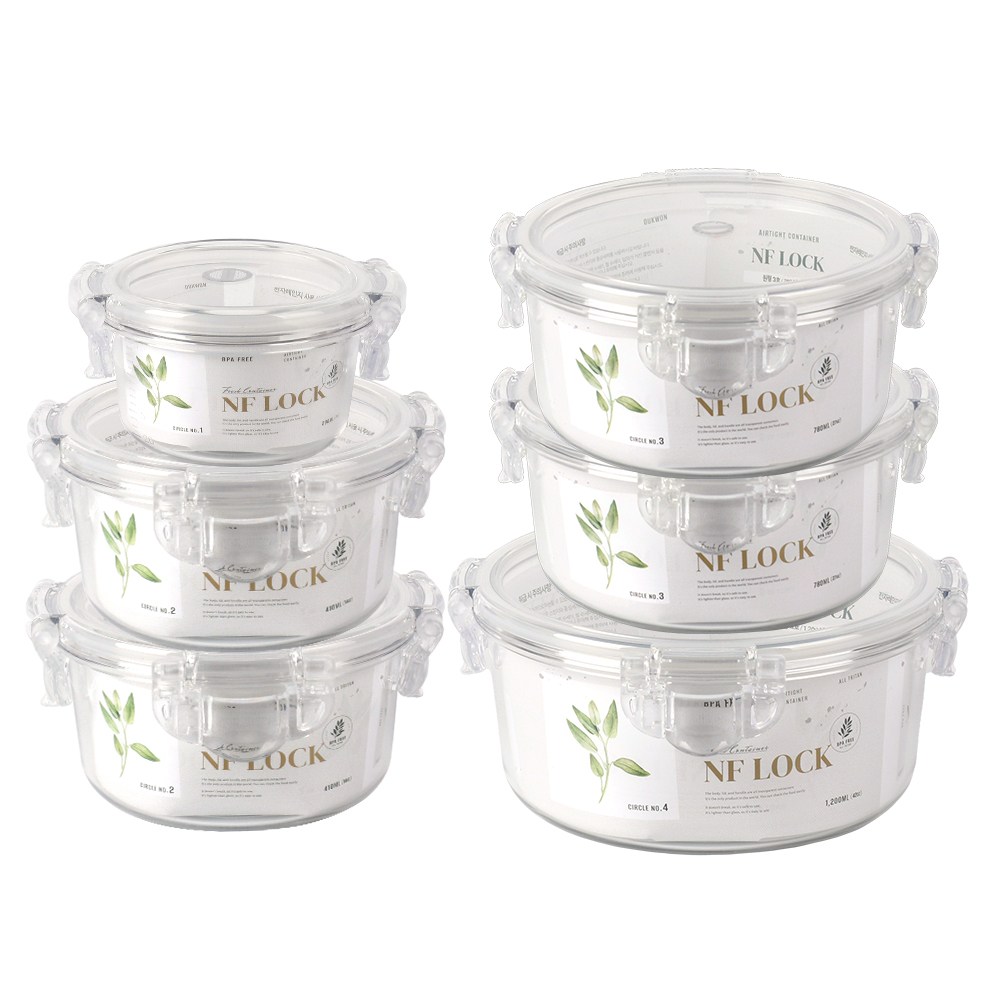엔에프락 트라이탄 밀폐용기 원형 6종 선물세트 (원형 200ml 1개+410ml 2개+780ml 2개+1200ml 1개) 84,300원