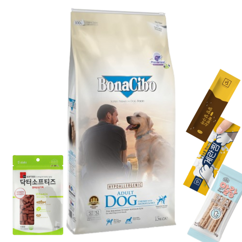 보나시보 중대형견용 강아지사료 치킨 앤초비 앤 라이스 15kg 뉴트리렉스 1P 말랑달구마 30g 보들보들계란찜30g 닥터소프티즈100g 135,000원