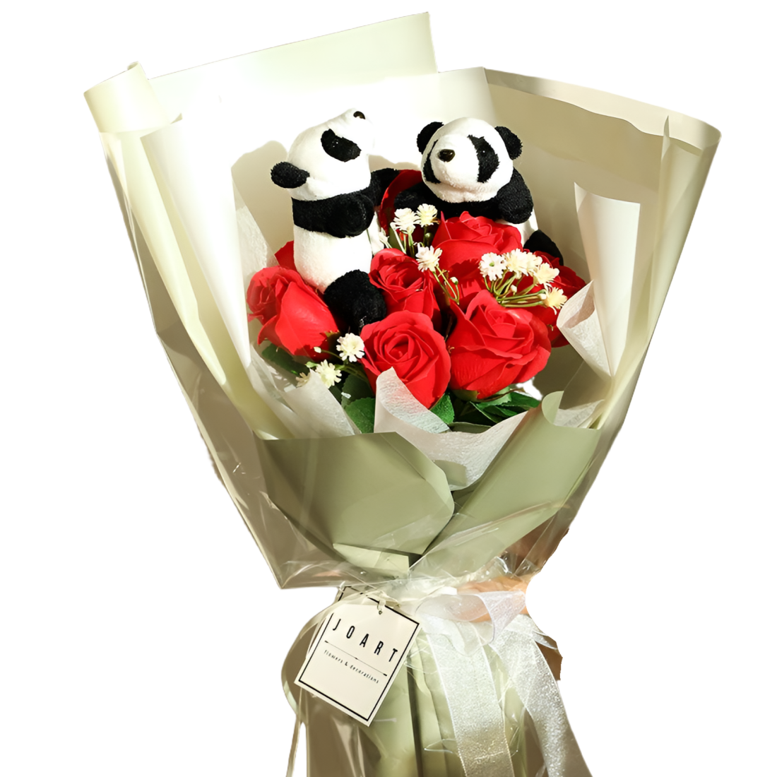 졸업 기념일 축하 응원 판다 인형 꽃다발, 1개, 판다커플 비누장미 꽃다발 10송이 레드 19,800원