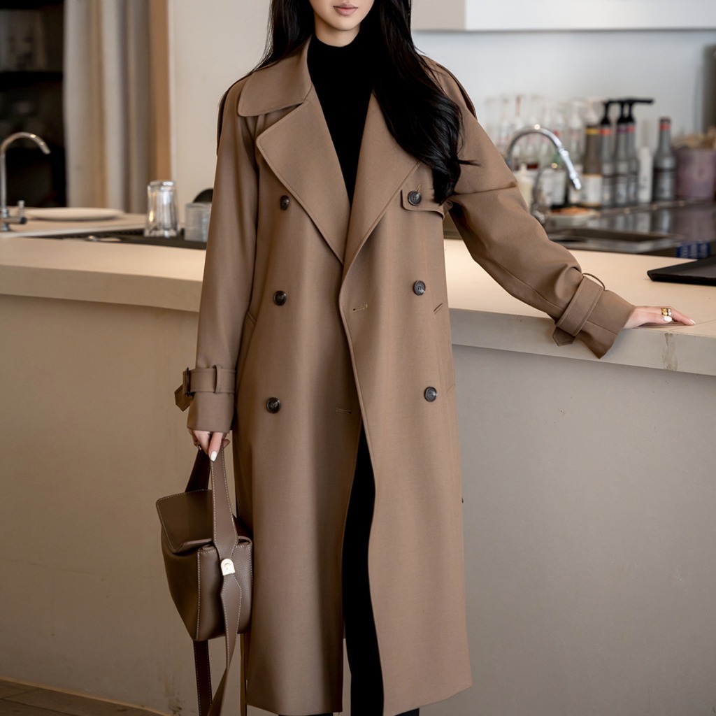 브라운 발마칸 더블 트렌치코트 넓은 노치드카라 벨티드 오피스·데일리 아우터 88,000원