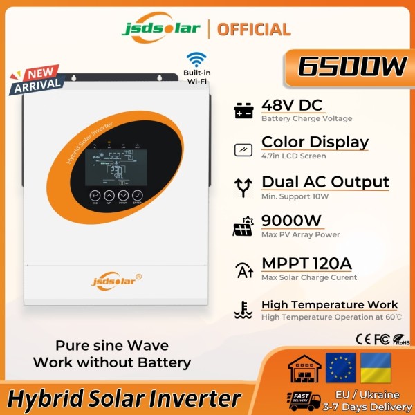 새로운 jsdsolar 6.5KW 48V 하이브리드 태양광 무소음 인버터 230VAC 온/오프 그리드 순수 사인파 Wifi 모 477,400원