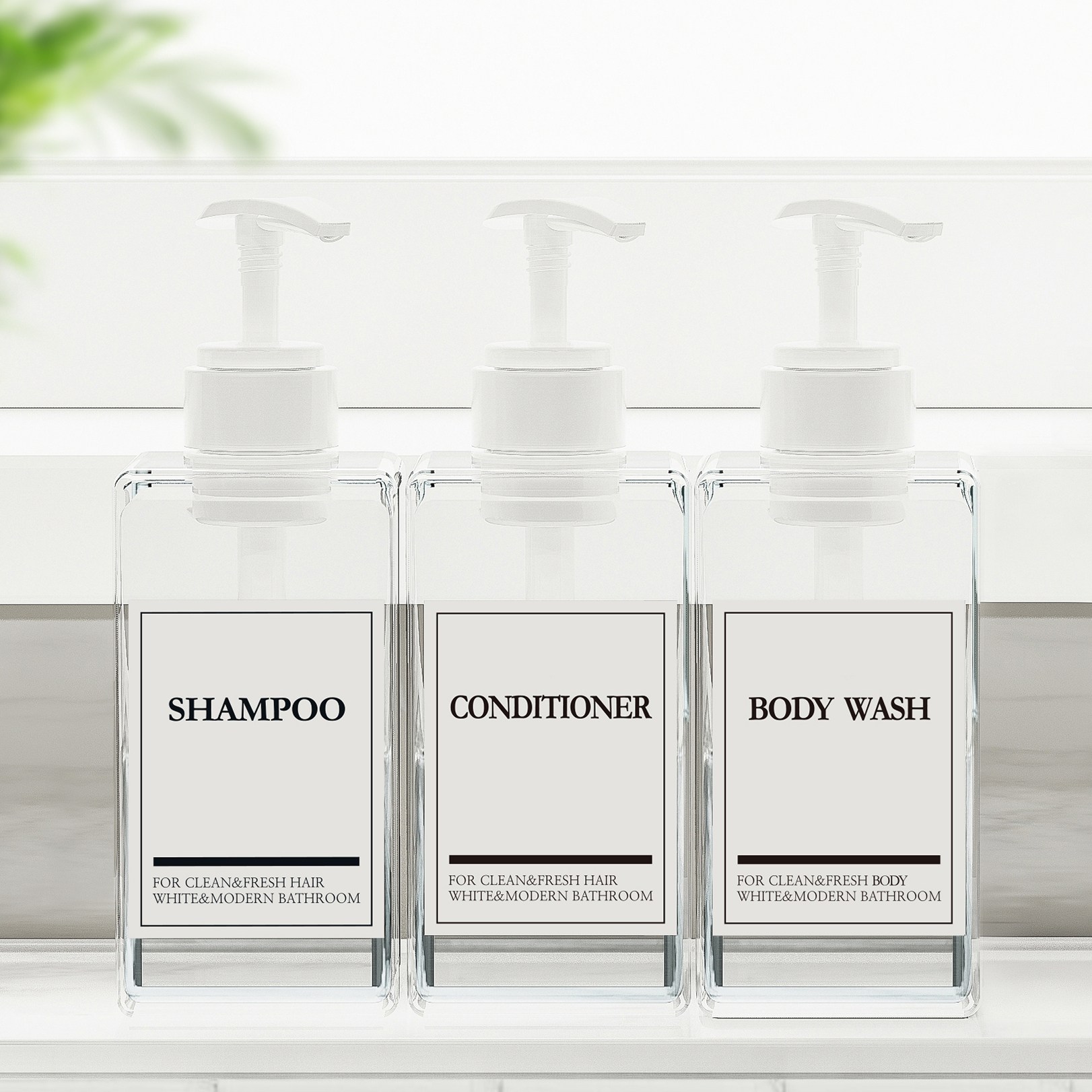 모든집 호텔 욕실 디스펜서 샴푸통 500ml+방수라벨 3구 세트, 1세트, 욕실세트_500ml(투명용기+백색펌프+영문3종) 14,900원