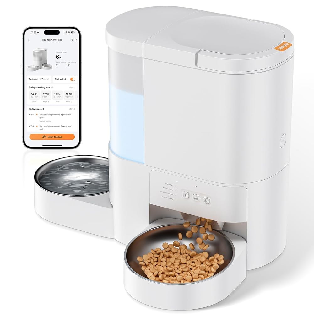 자동 고양이 사료 공급기 및 물 공급기, 5G WiFi 앱 제어 디스펜서, 4L 타임 반려동물 3L 중력 급수기, 음성 , 고양이, 강아지용 듀얼 스테인리스 스틸 볼 매일 최대 209,200원