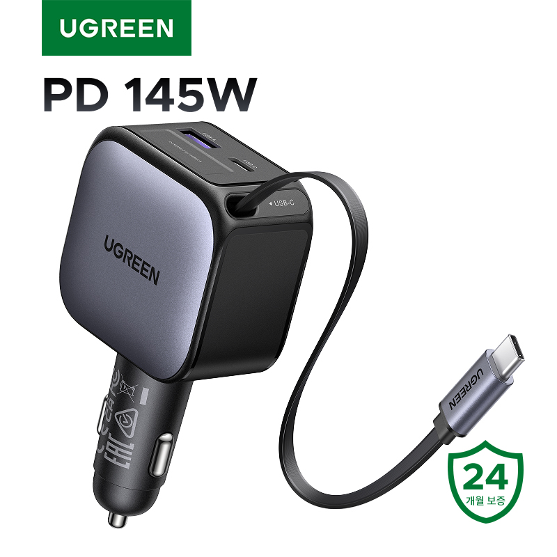 UGREEN 유그린 145W 차량용 릴타입 시거잭 고속 충전기 일체형 4포트 멀티충전기 C타입 3구+USB A 1구 시거잭 어댑터 빌트인 케이블 갤럭시 S25 S24 Ultra호환, Black, EC604 39,800원