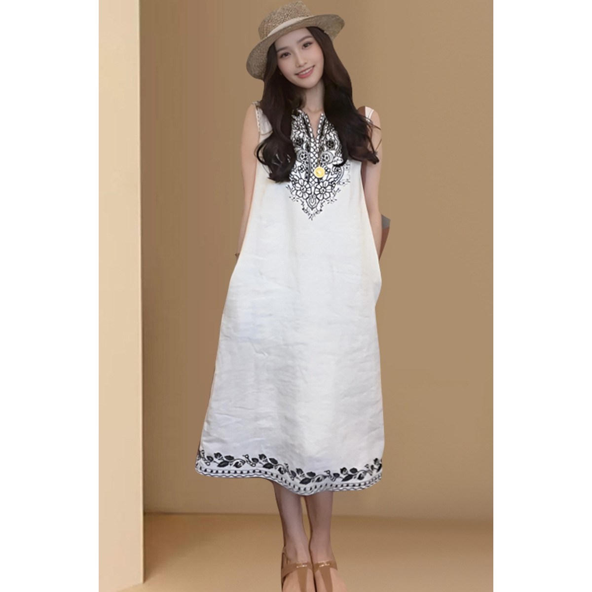 (더사바) 고급스러운 여성 민소매 자수 원피스 냉감  스티치 A라인 루즈핏 48,820원