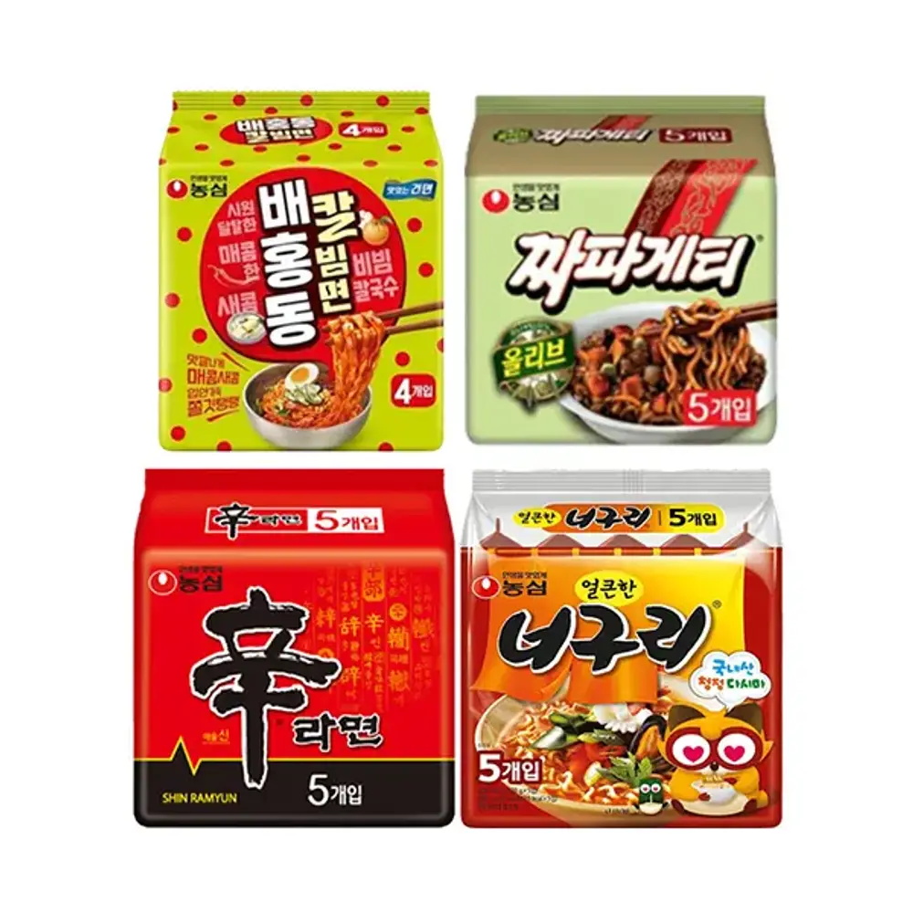 농심 신라면 120g, 5개 + 너구리 120g, 5개 + 짜파게티 140g, 5개 + 배홍동칼빔면 128g, 4개 29,000원