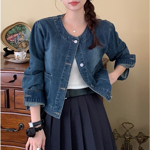 쪼예 라운드 노카라 데님 긴팔 청 자켓 23,060원