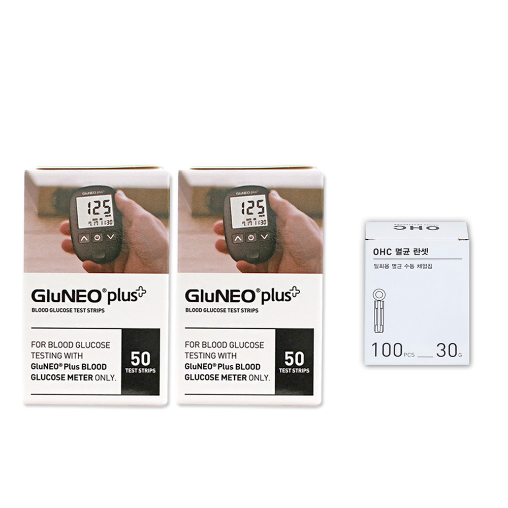 글루네오 플러스 시험지 100매+채혈침 100개 또는 알콜솜100매 혈당 검사지 측정지 체크지 GluNeo 오상헬스케어 22,840원