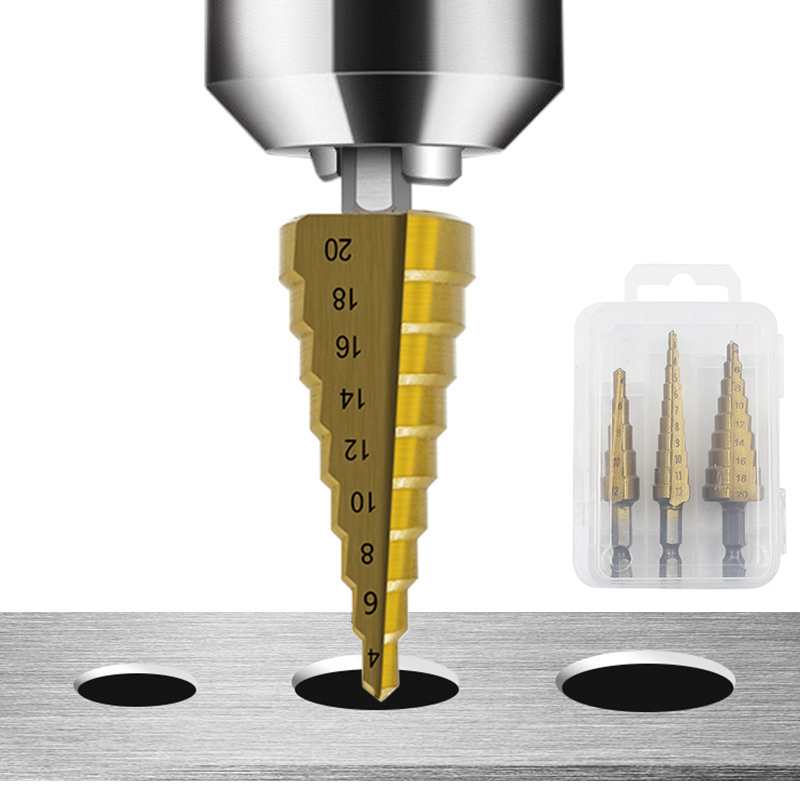 스텝드릴 케이스형 3종세트 4-20mm 육각 비트 티타늄코팅 홀쏘 천공날 기리 목공 드릴척 공구 임팩 확장 리밍 디버링 합금 구멍, 현재가 5,900원