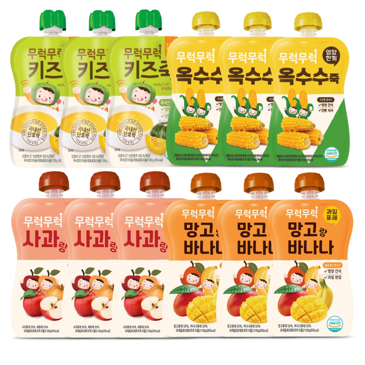무럭무럭 키즈죽,과일퓨레 알뜰 12팩(옥수수,단호박,사과배,망고바나나 각 3팩) 23,900원