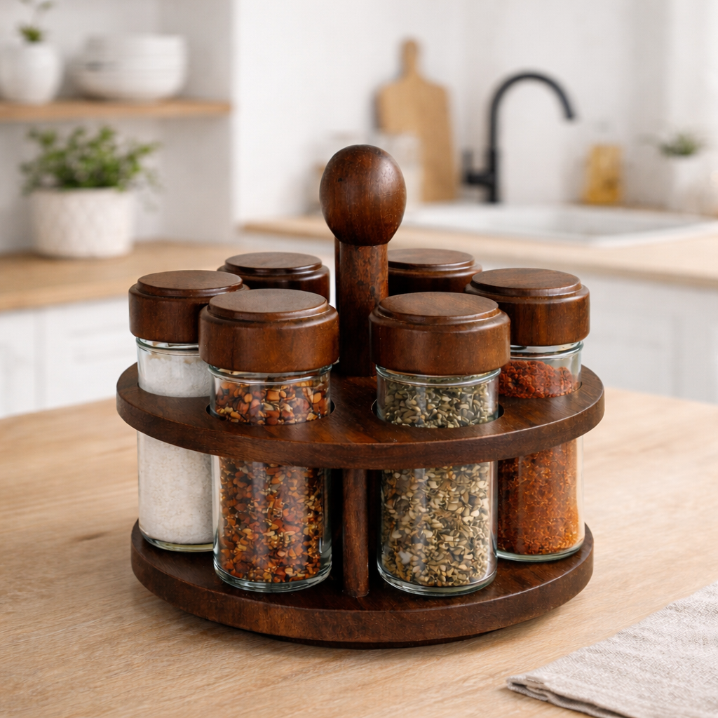 씨스앤홈 빈티지 빌리지 우드 회전 소스통 세트 양념통 유리 조미료통 양념통6개 받침대1개 1세트, 양념통(6개)받침대(1개), 1세트 33,900원