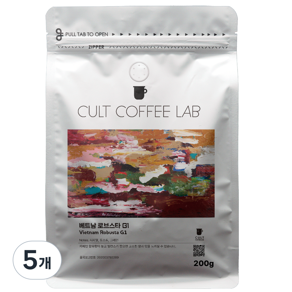 컬트커피랩 진한 바디 쌉쌀한 다크 로부스타 G1 싱글오리진 커피원두 당일로스팅, 1kg, 5개, 홀빈(분쇄안함) 73,740원