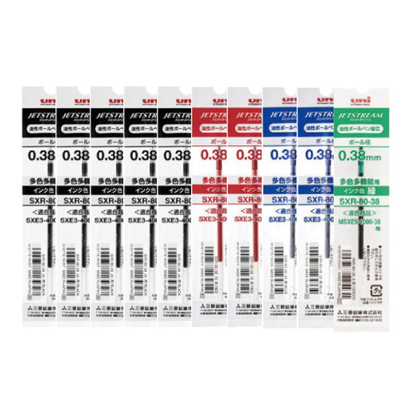 유니 제트스트림 3색펜 4색펜 멀티펜 리필심 SXR-80-38 SXR-80-05 SXR-80-07 10개, 다색펜(멀티펜) 리필 0.38 혼합 10개 9,490원