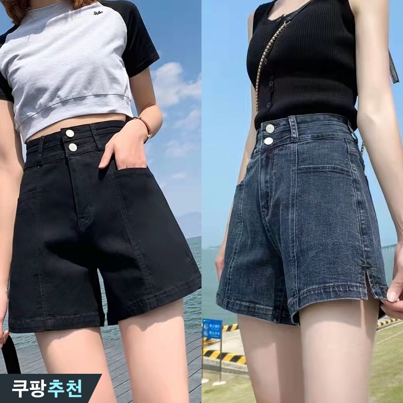 (세일 추천) 105kg까지 빅사이즈 여성 하이웨이스트 사방스판 a라인 옆트임 데님 숏팬츠 여름 편한 심플 와이드 날씬해보이는 버튼 포켓 포인트 입체 디자인 부드러운 쿨 반바지 23,790원