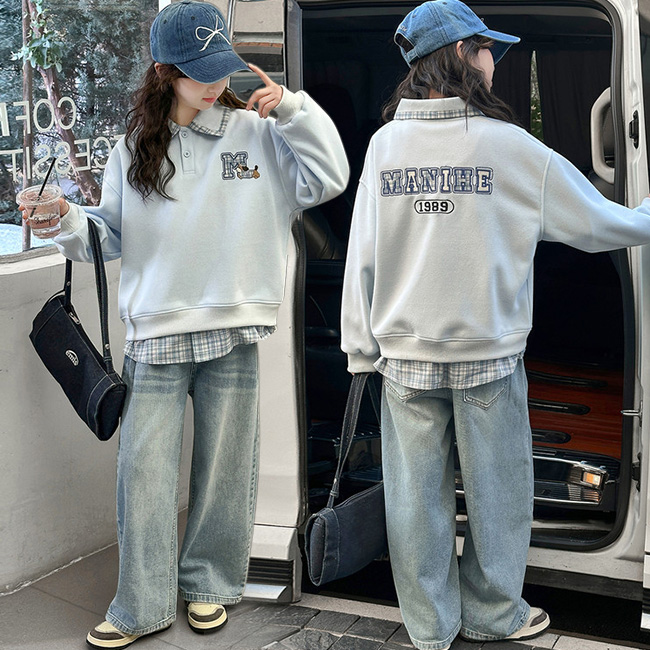 나나키즈 여아 신상 봄 가을 초중생 M 강아지 자수 체크 페이크레이어드 카라티 상하복 세트 주니어 긴팔 상의+하의 세트 초등생 데님 긴바지 (R181) 46,800원