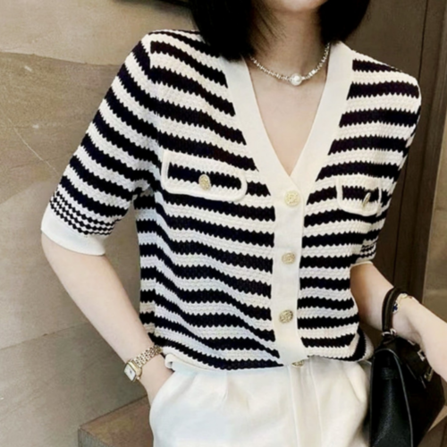 여성 여름 스트라이프 반팔 니트 가디건 26,800원