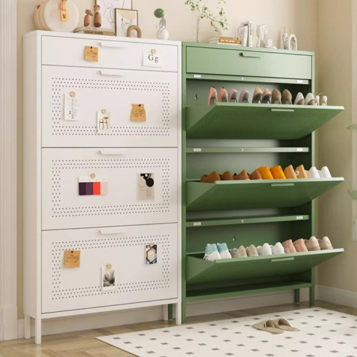 좁은현관신발장 깔끔한 슬림 수납장 얇은 아파트 원룸 틈새 철제 선반장, 66단, 올리브 184,000원