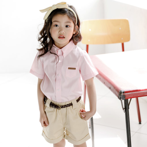 미쏘아 솔리드 포켓 핑크셔츠 베이지 면반바지세트 33,800원