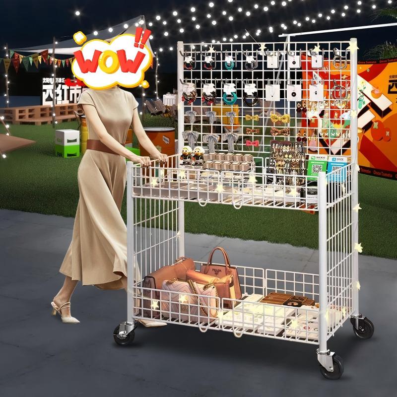 이동식 바구니 매대 접이식 악세사리 매대 행사 선반 진열대 가판대 판매대 철망 조립식 상점 메쉬망 회전매대 진열대, 1개, 화이트65cm+3인치 바퀴 114,000원