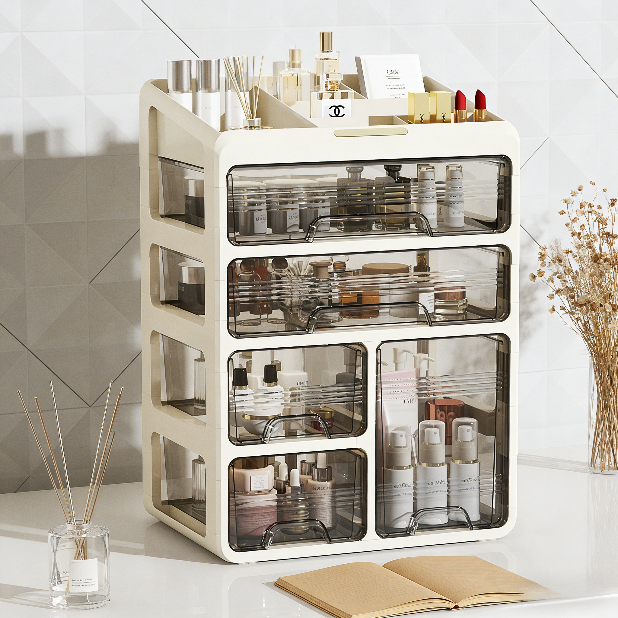 MEMEU 다층서랍형 화장품 정리함 방진 방습 화이트 침실 화장대용 대용량, 1개, 크림화이트 4단+상단선반 49,750원
