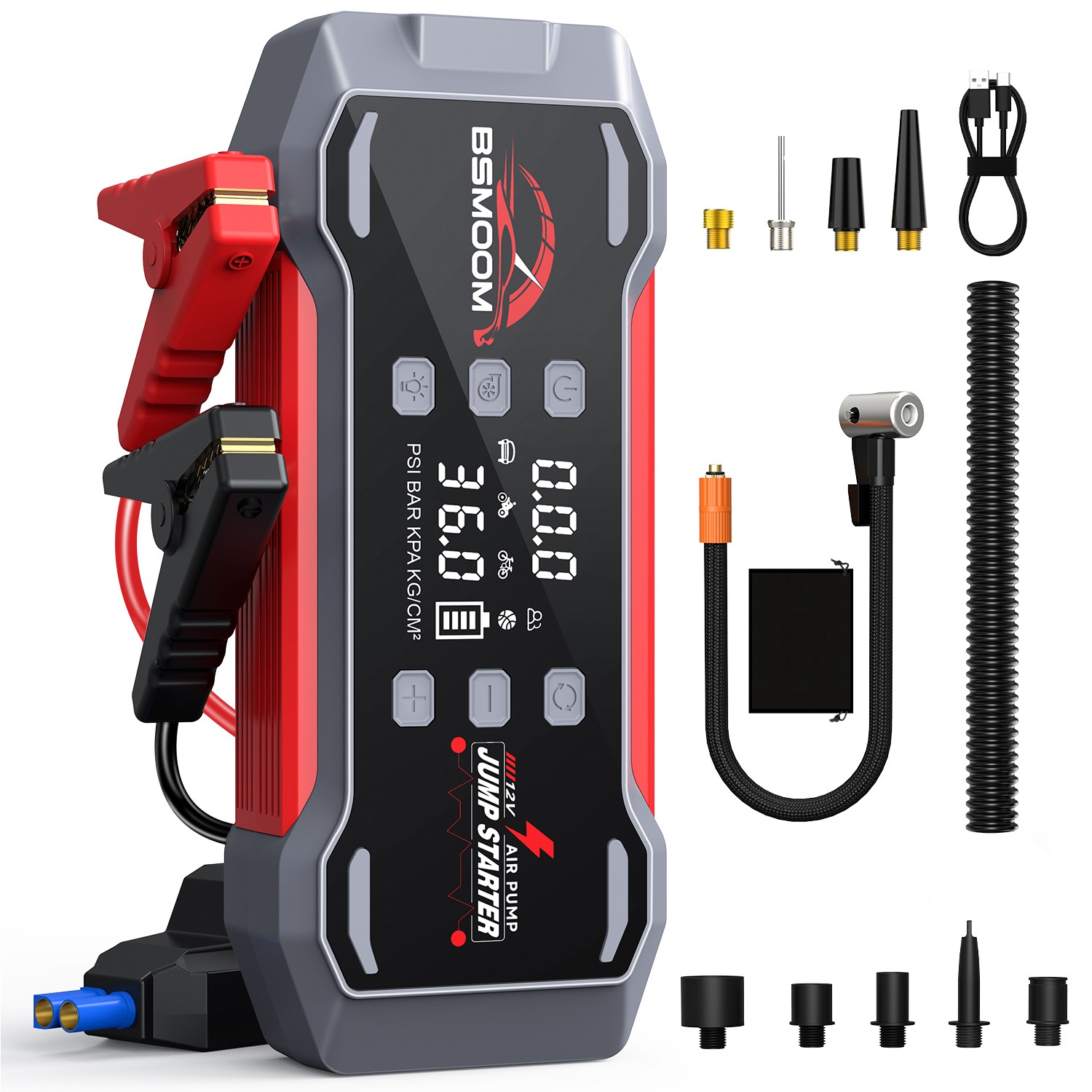 BSMOOM 3000A 자동차 긴급 시동 점프스타터 6in1 에어펌프 공기 압축기 송풍기 보조배터리 스마트 점프 케이블 12V, 1개, 8000mAh 84,900원