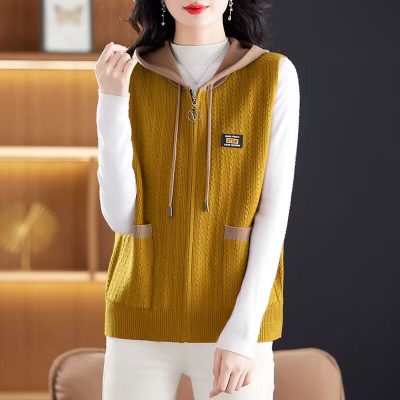 중년여성 배색 후드 집업 니트 조끼 베스트 봄가을 루즈핏 민소매 후드 가디건 빅사이즈 21,900원