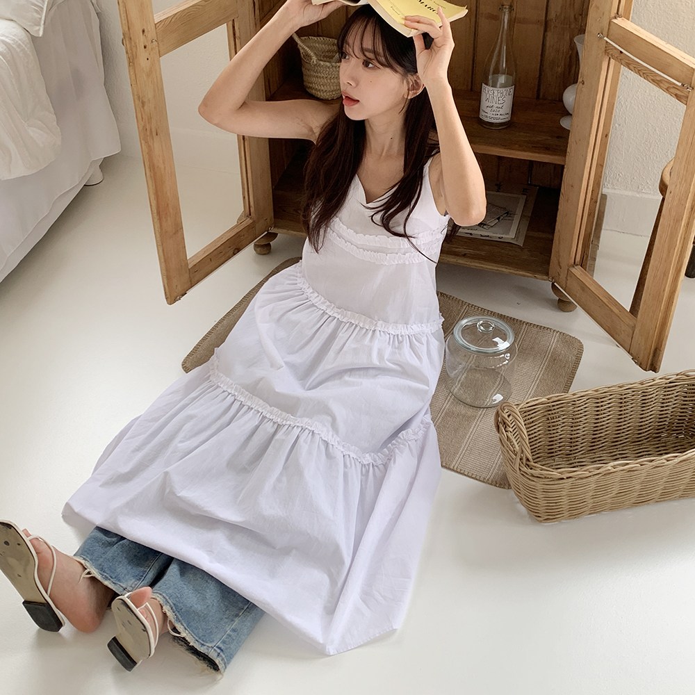 토마토팩토리 여성용 네스트 프릴 캉캉 롱 나시 원피스 35,900원