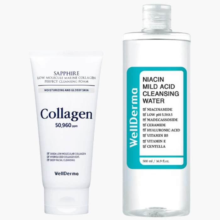 웰더마 나이아신 마일드 애씨드 클렌징워터 500ml + 사파이어 저분자 마린 콜라겐 퍼펙트 클렌징 폼 150g 27,380원