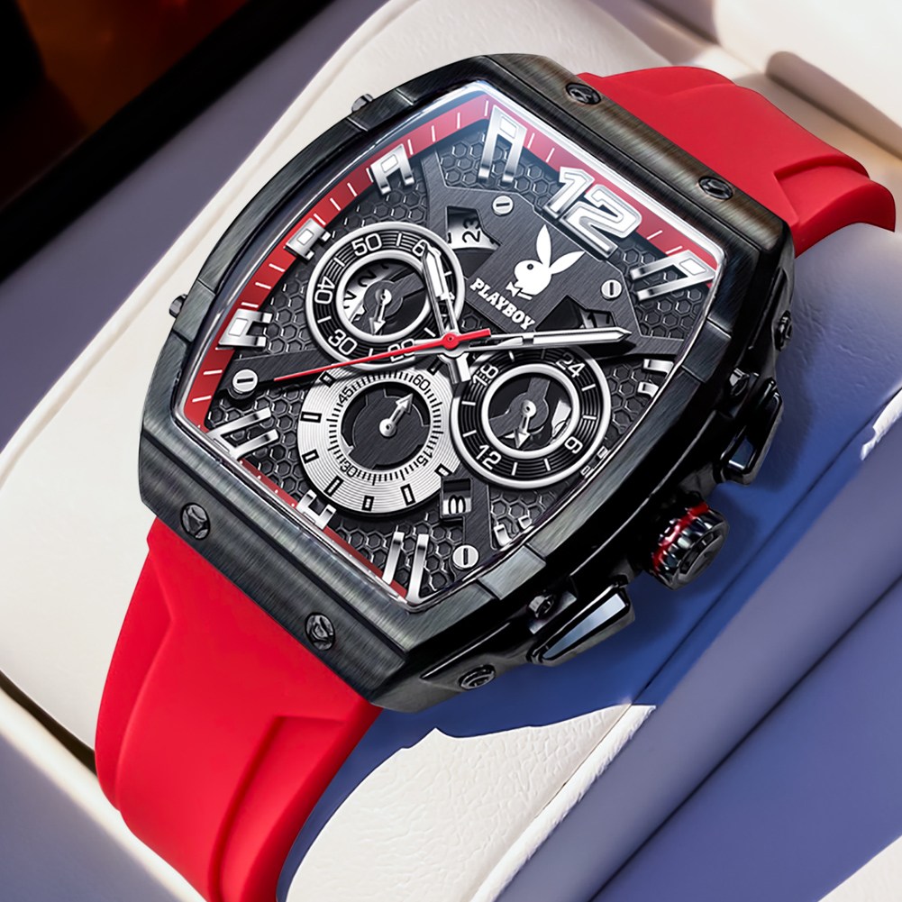 PLAYBOY 플레이보이 남성 다기능 크로노그래프 시계 실리콘 밴드 내구성 강화 패션 시계, 현재가 90,300원
