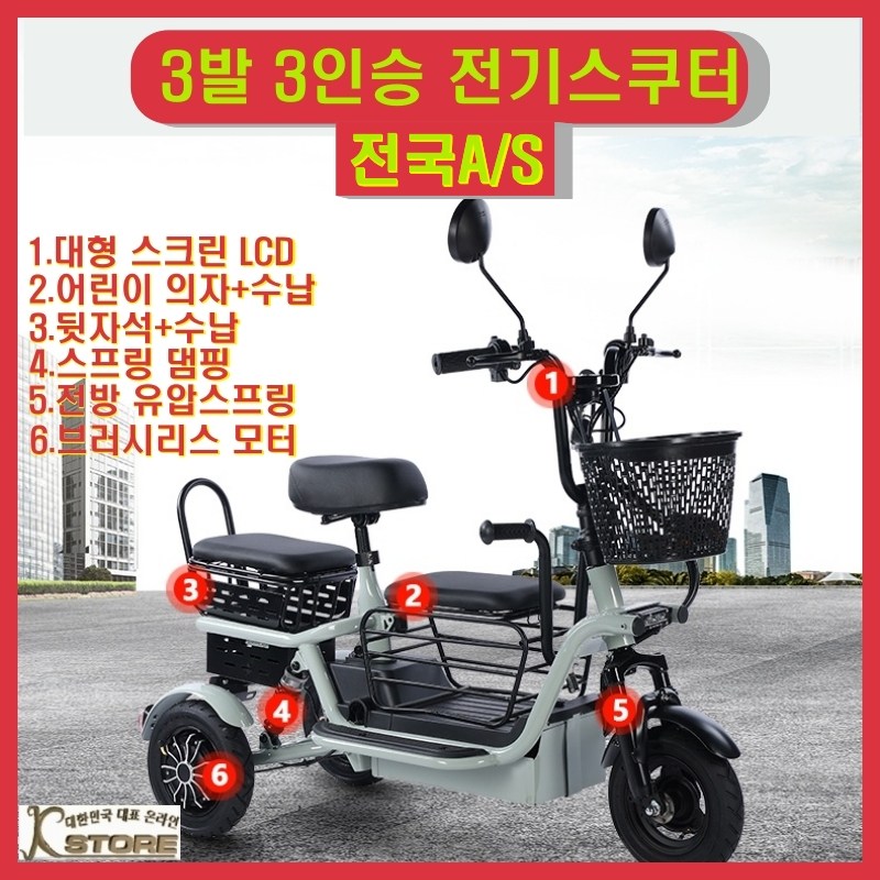 스쿠마켓 800W 3발 3인승 펫바이크 전기스쿠터 전진 후진 소형 경량 강아지 짐칸 배터리 탈부착 접이식 핸들 오토바이 어린이 노인, 옵션2 859,000원